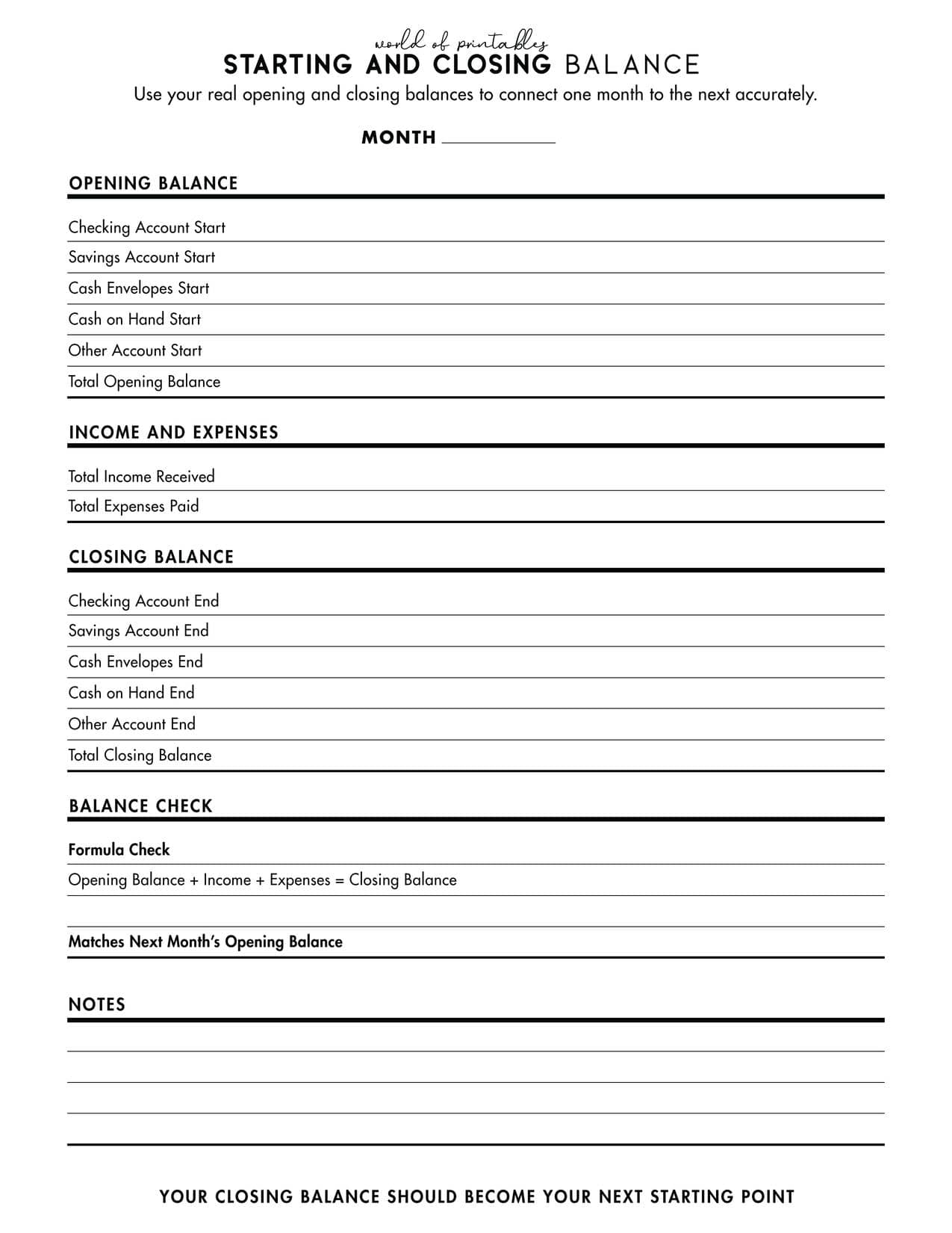 Free printable starting and closing balance sheet for monthly budget review