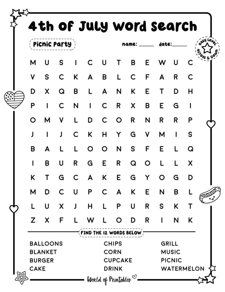 Picnic Party 4th of July Word Search - Easy Level