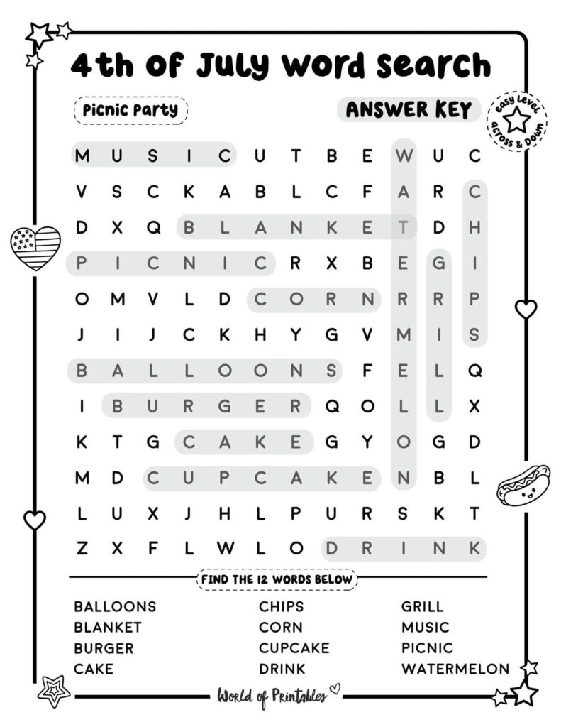 Picnic Party 4th of July Word Search - Easy Level Answer Key