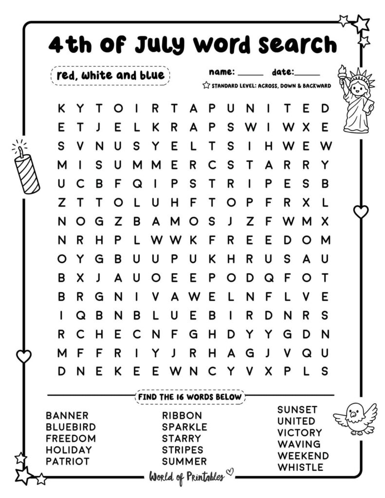 Red White and Blue 4th of July Word Search - Standard Level