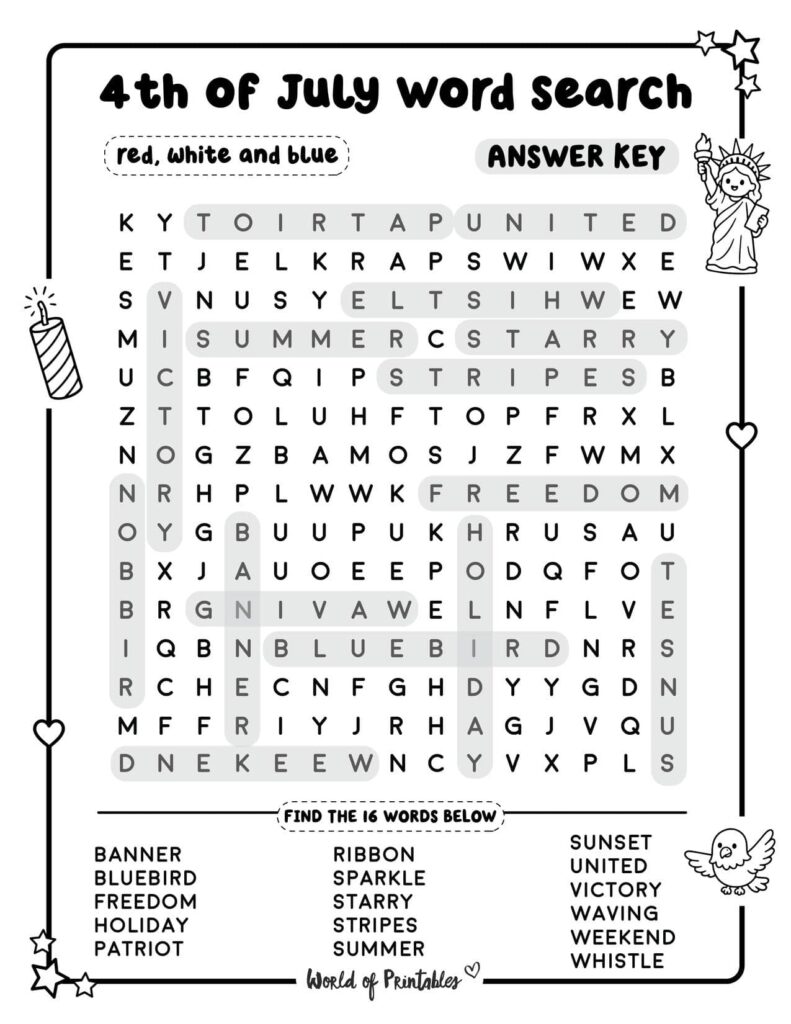 Red White and Blue 4th of July Word Search - Standard Level Answer Key