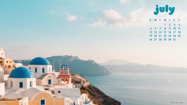 Santorini July Calendar Wallpaper for Desktop