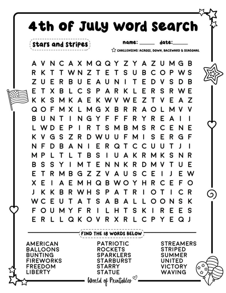 Stars and Stripes 4th of July Word Search - Challenging Level