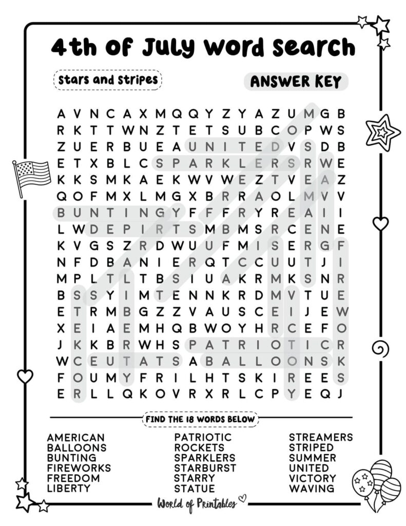 Stars and Stripes 4th of July Word Search - Challenging Level Answer Key