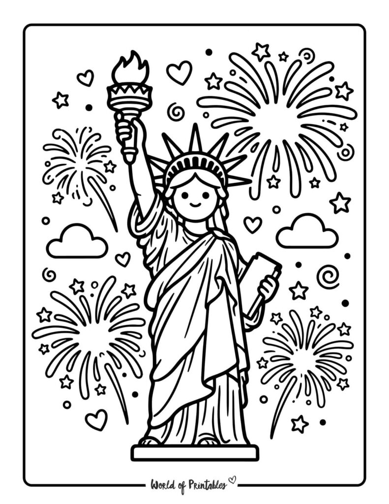 Statue Of Liberty With Fireworks Coloring Page