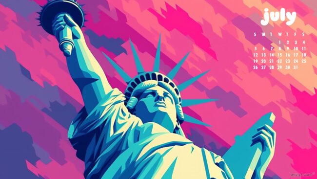 Statue of Liberty July Calendar Wallpaper Desktop