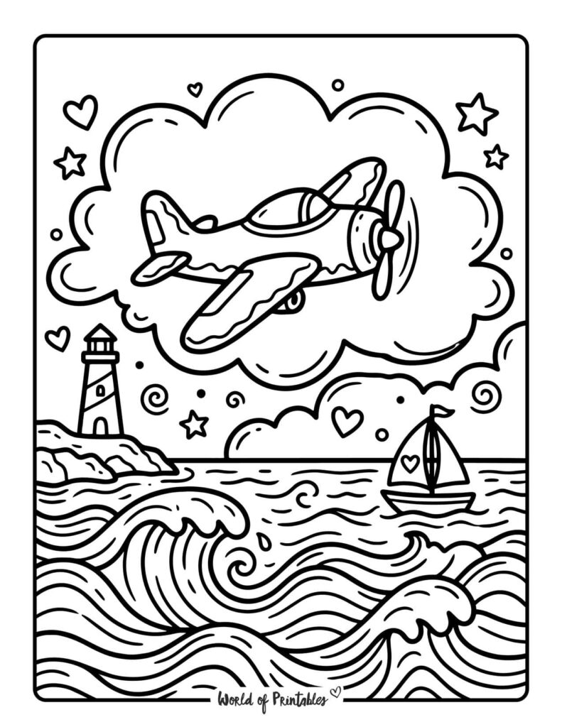 Airplane Flying Over The Ocean Coloring Page