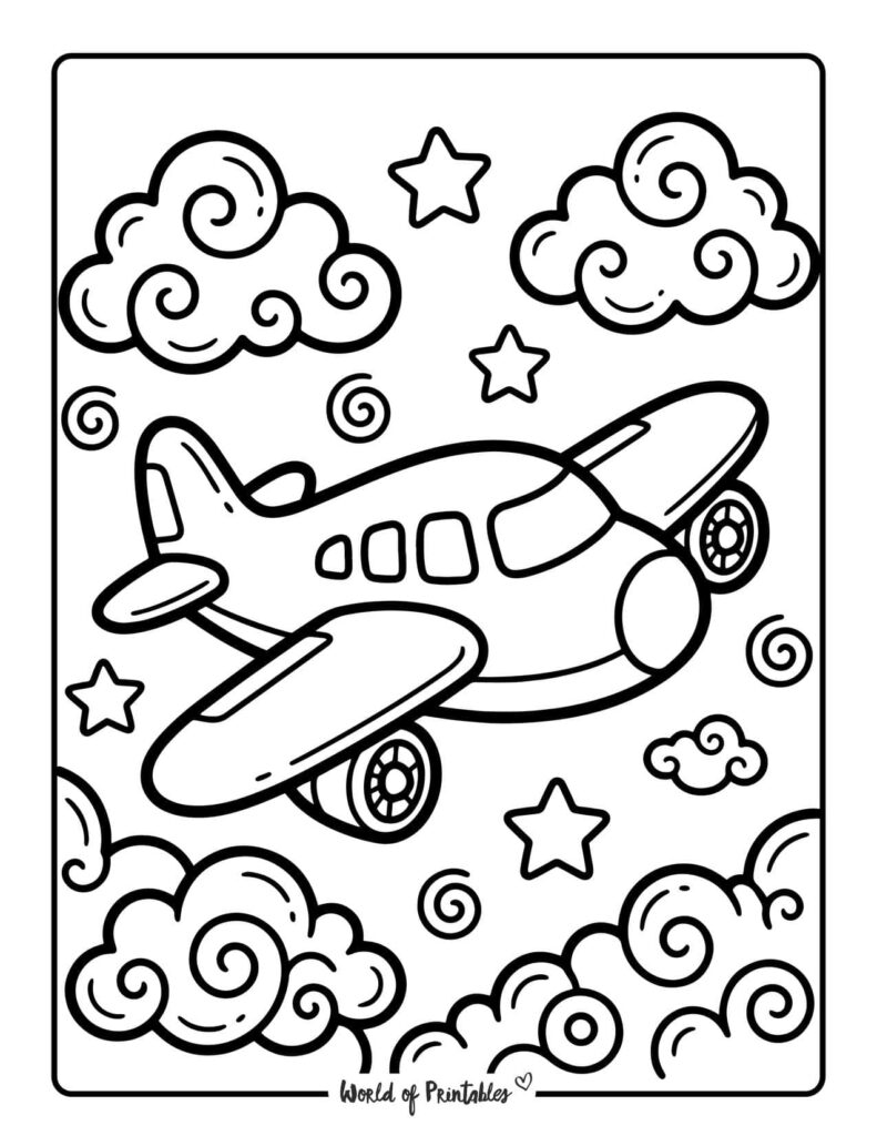 Airplane Flying Through Swirly Clouds Coloring Page