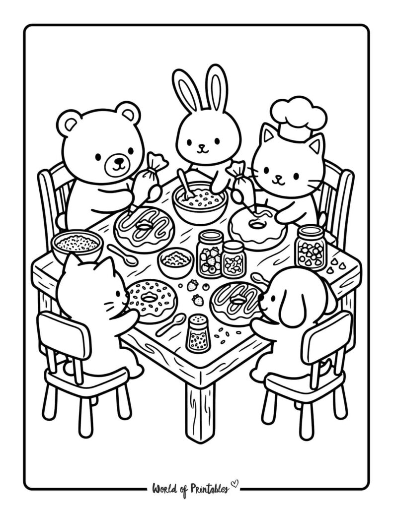 Animals Decorating Donuts Coloring Page