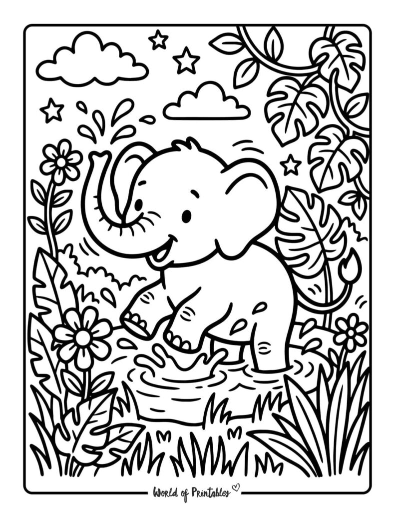 Baby Elephant Splashing in the Jungle Coloring Page