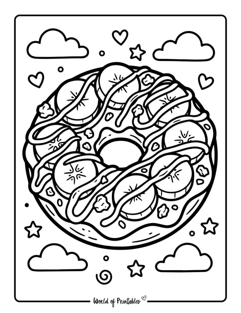 Banana and Custard Donut Coloring Page