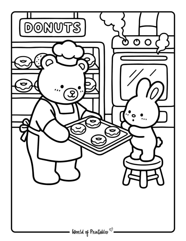 Bear And Bunny Baking Donuts Coloring Page