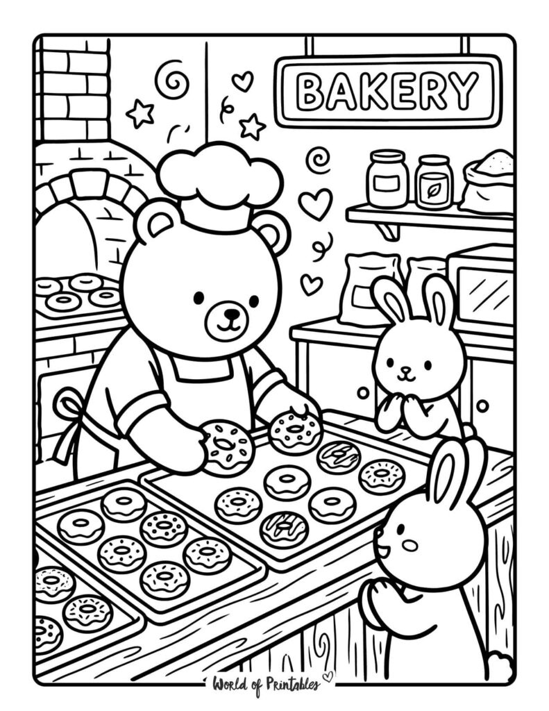 Bear Bakery Donut Coloring Page