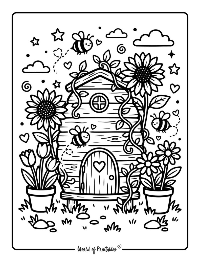 Bee Garden House Coloring Page