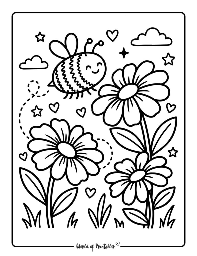 Bee and Daisy Flowers Coloring Page