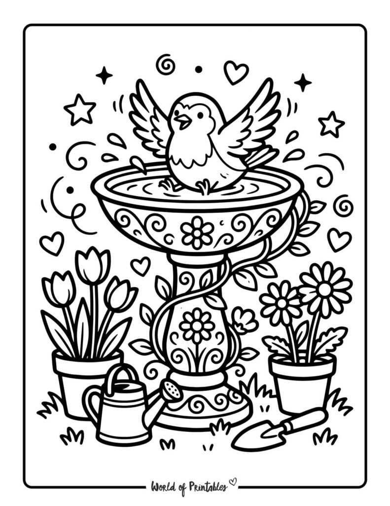 Bird Bath Garden Coloring Page