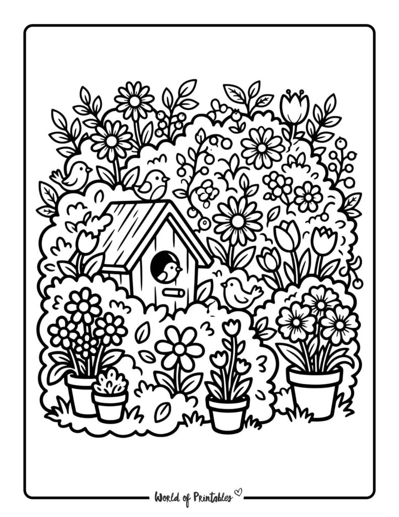 Birdhouse Garden Bush Coloring Page