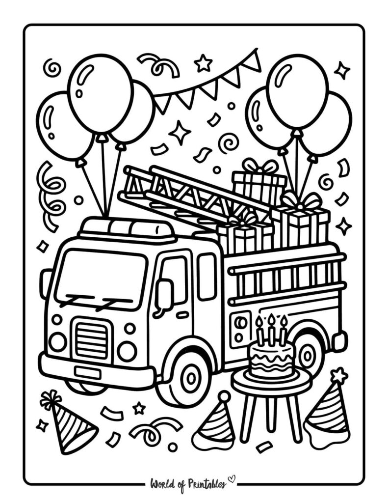 Birthday Fire Truck Coloring Page