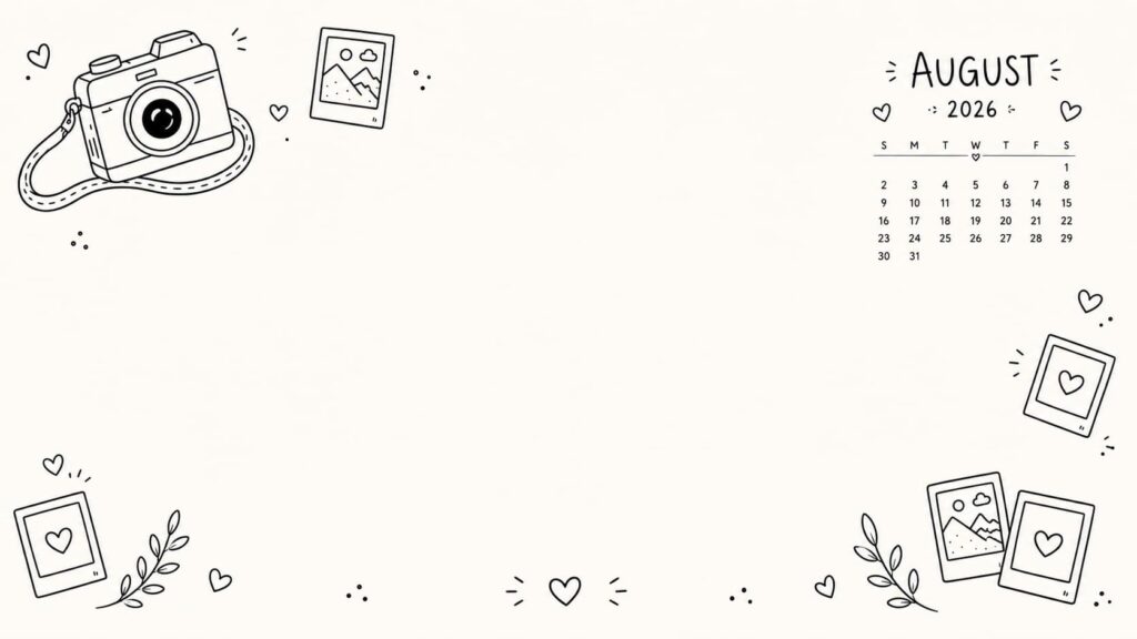 Black And White Camera August 2026 Calendar Desktop Wallpaper