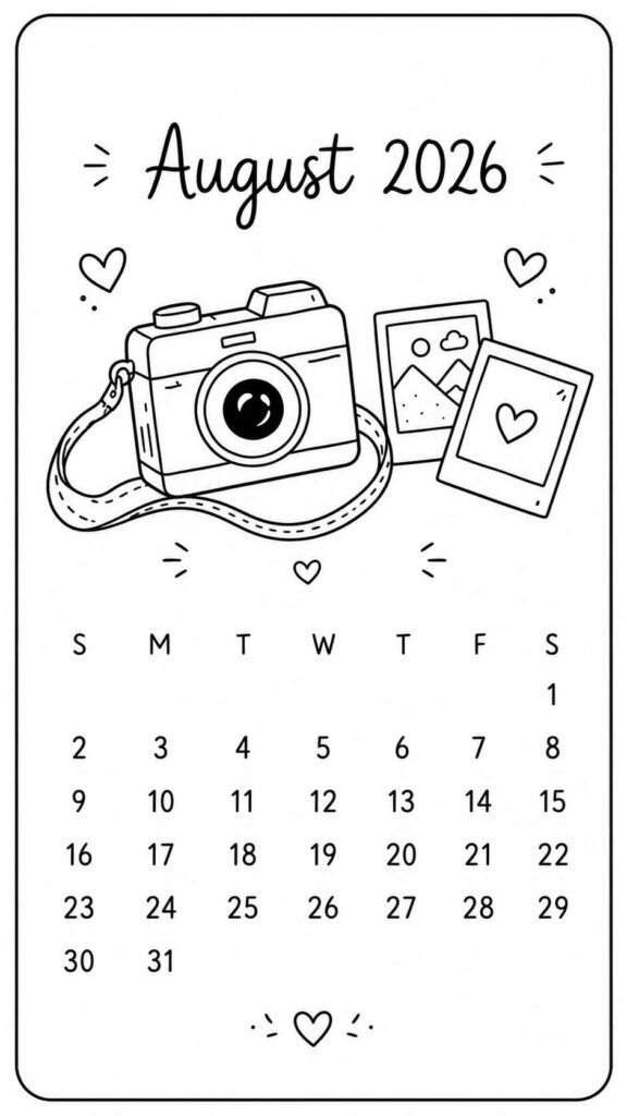 Black And White Camera Doodle August 2026 Calendar Phone Wallpaper