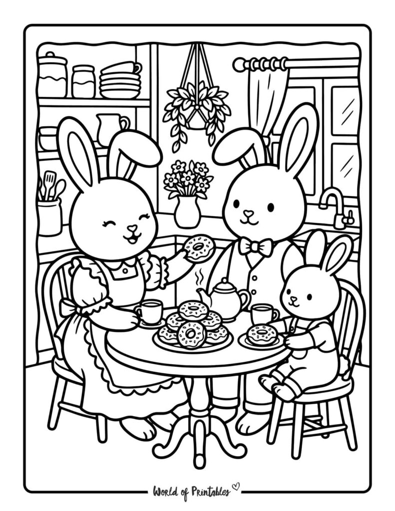 Bunny Family Donut Tea Party Coloring Page