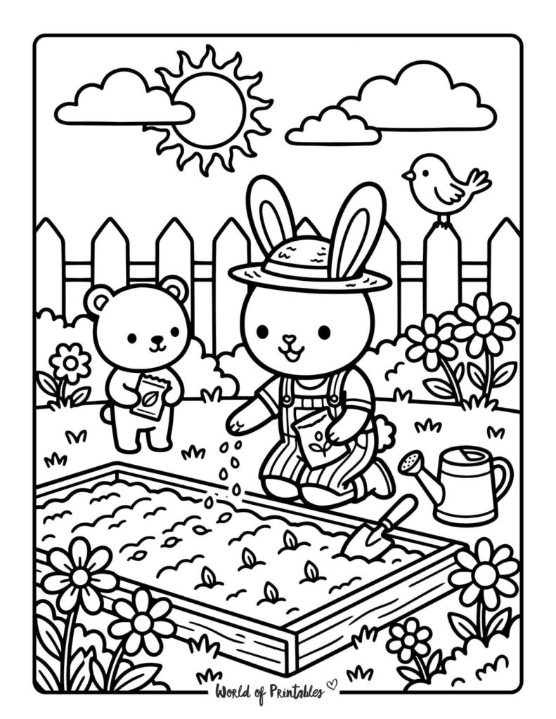 Bunny Planting Seeds Coloring Page