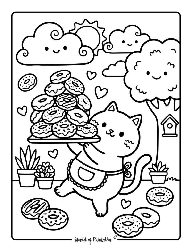 Cat Carrying Donut Tray Coloring Page