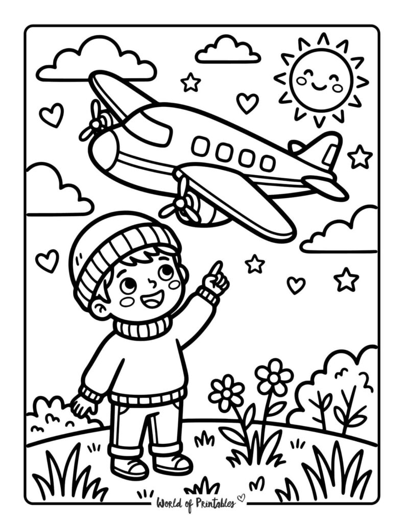 Child Watching Airplane Coloring Page