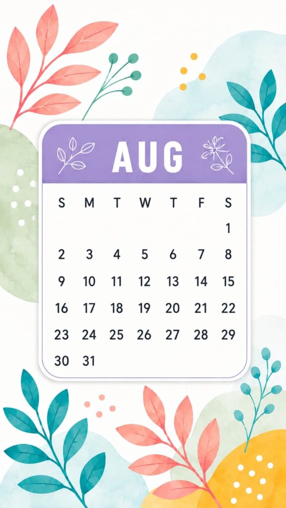 Colorful Botanical August 2026 Calendar Phone Wallpaper