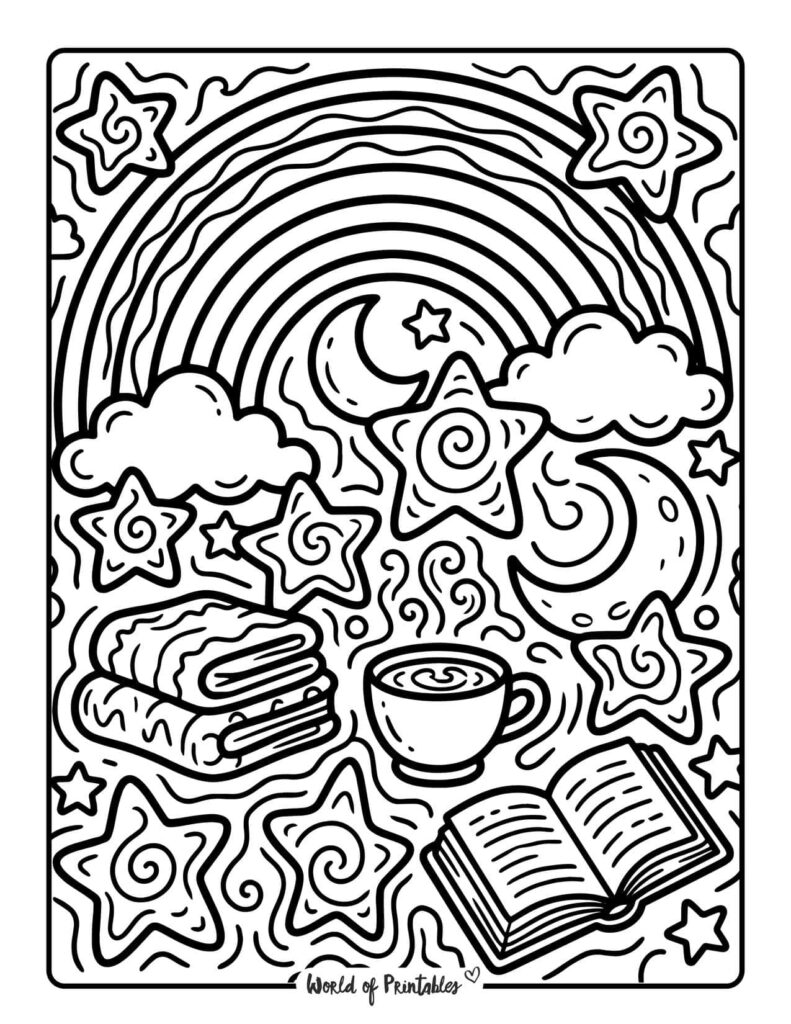 Cozy Rainbow Books And Coffee Coloring Page