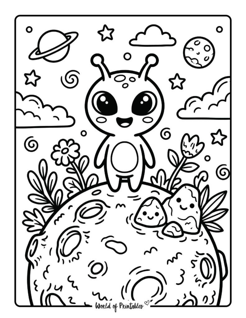 Cute Alien On Planet Coloring Page