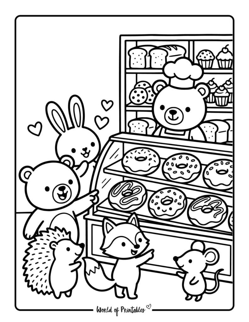 Cute Animals At Donut Bakery Coloring Page