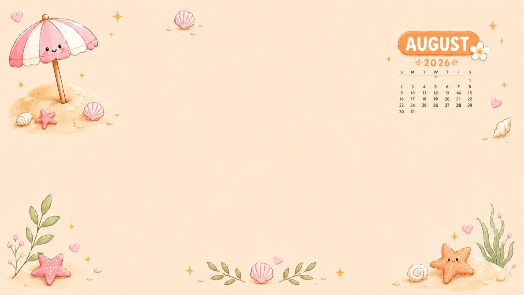 Cute Beach August 2026 Calendar Desktop Wallpaper