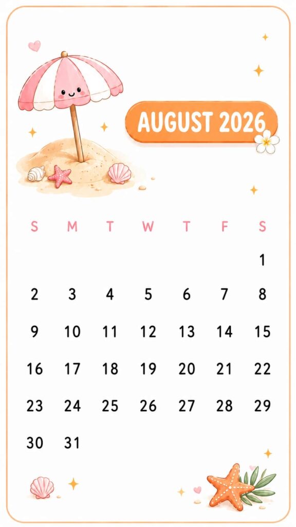 Cute Beach Umbrella August 2026 Calendar Phone Wallpaper