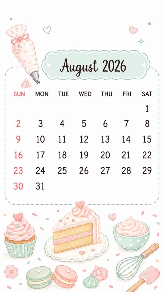 Cute Cake Dessert August 2026 Calendar Phone Wallpaper