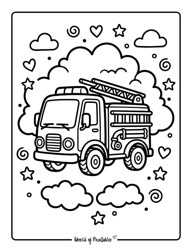 Cute Fire Truck In Clouds Coloring Page
