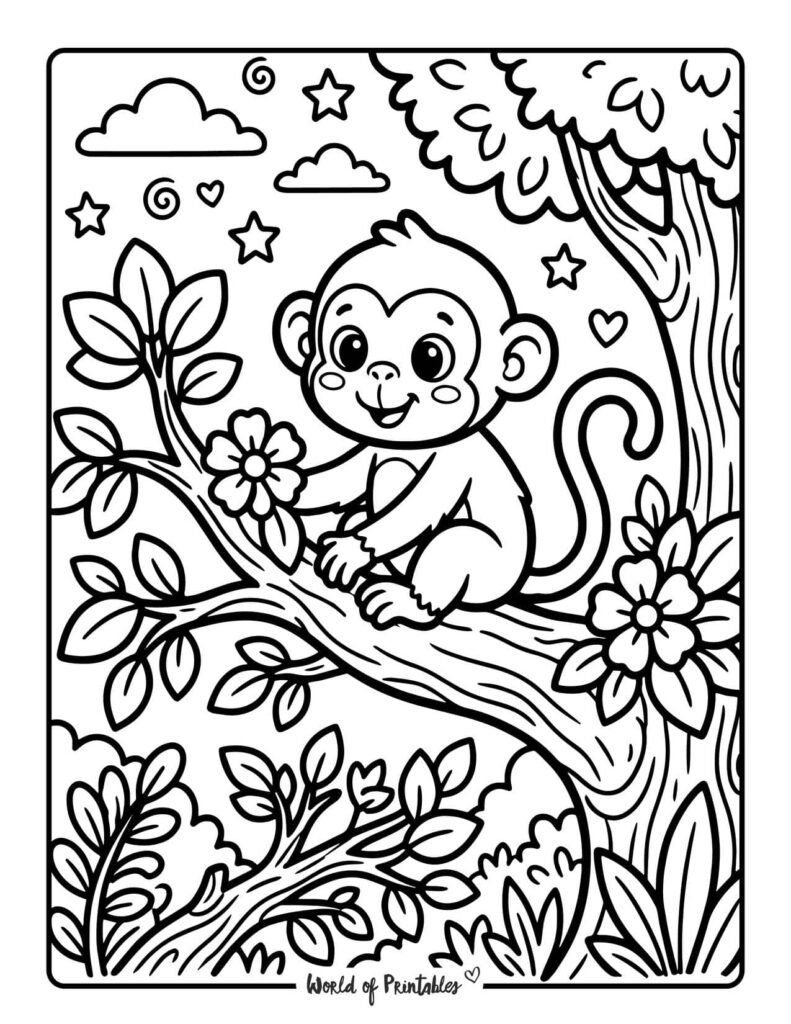 Cute Monkey on a Jungle Tree Branch Coloring Page