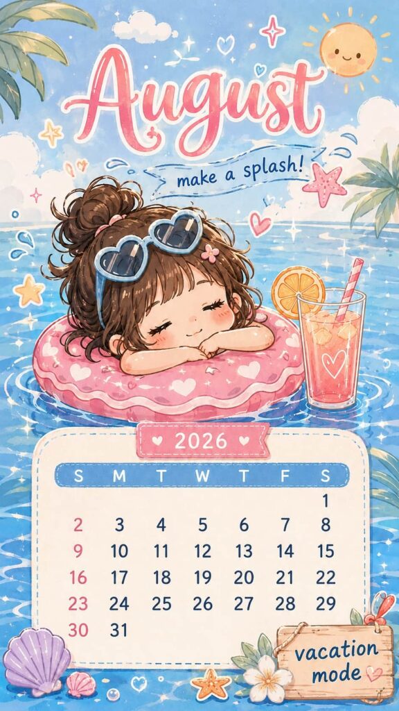 Cute Pool Girl August 2026 Calendar Phone Wallpaper