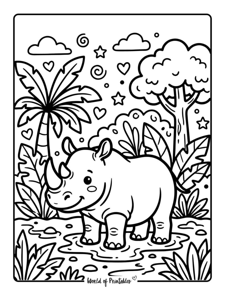 Cute Rhino Jungle Coloring Page