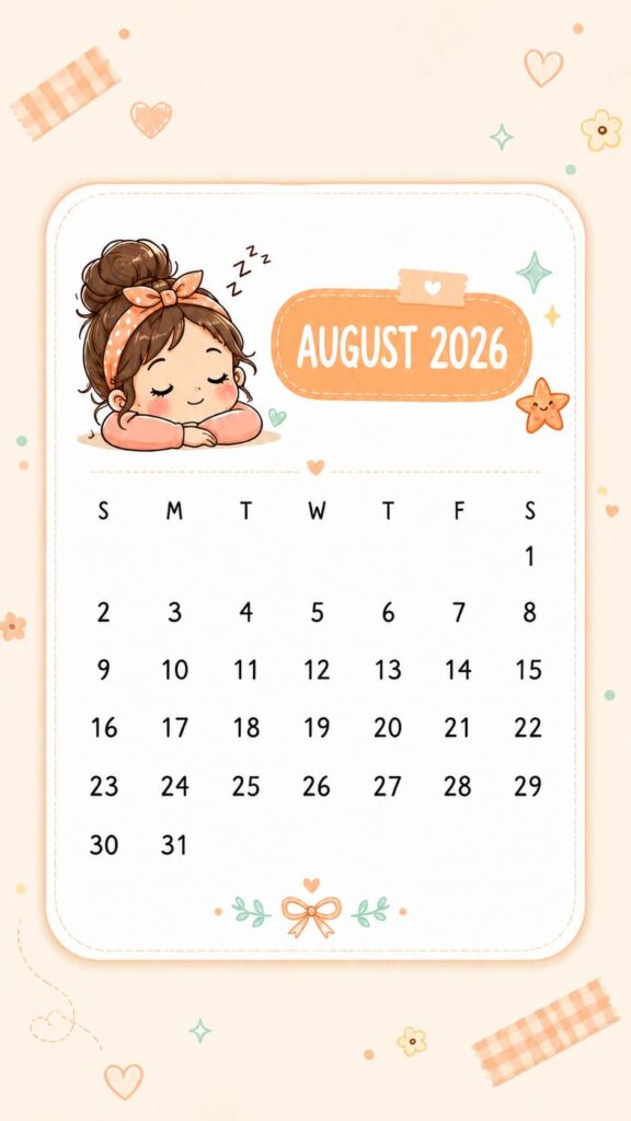Cute Sleepy Girl August 2026 Calendar Phone Wallpaper