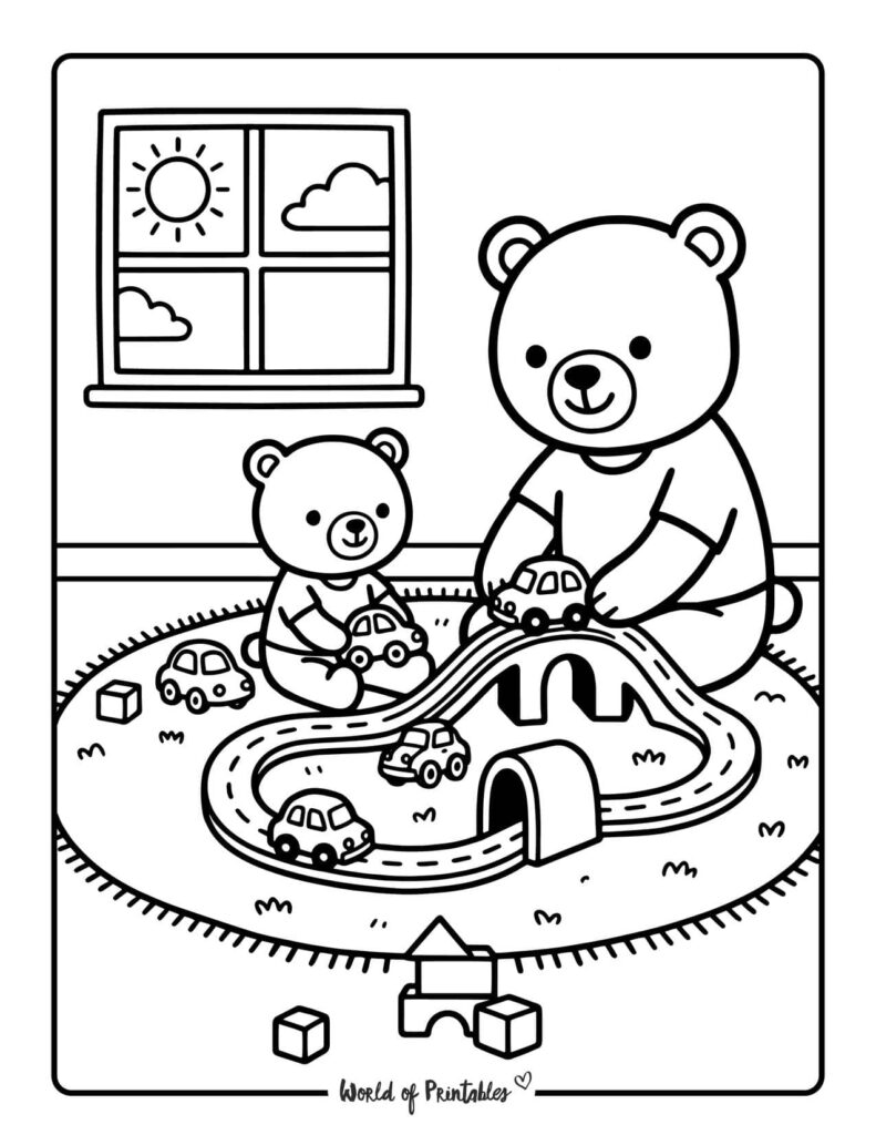 Dad And Child Playing With Toy Cars Coloring Page