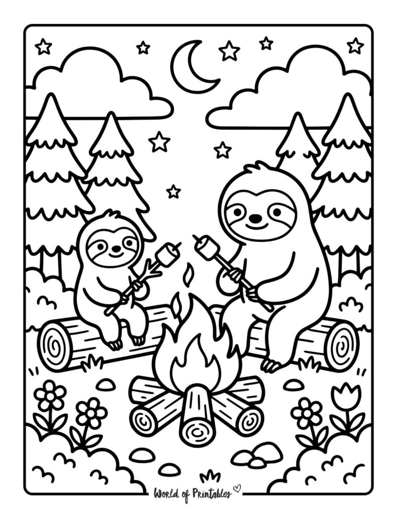 Dad And Child Roasting Marshmallows Coloring Page