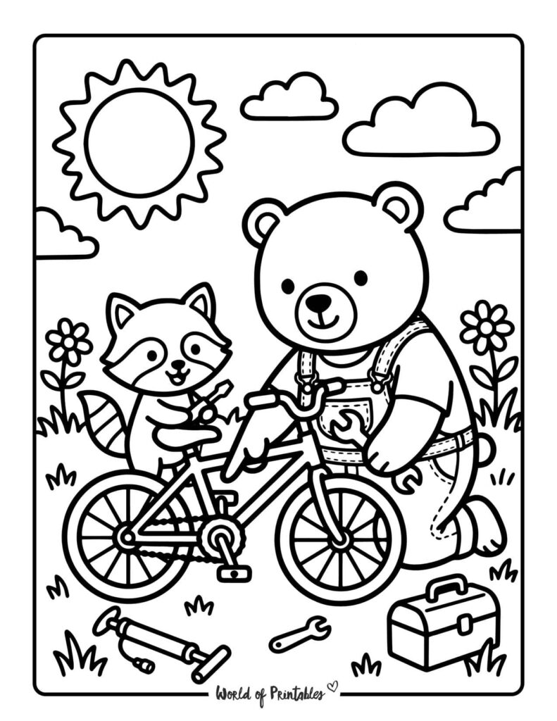Dad Fixing A Bike With Child Coloring Page
