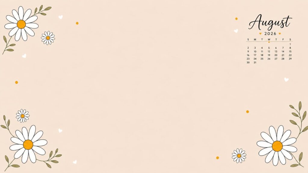Daisy Floral August 2026 Calendar Desktop Wallpaper