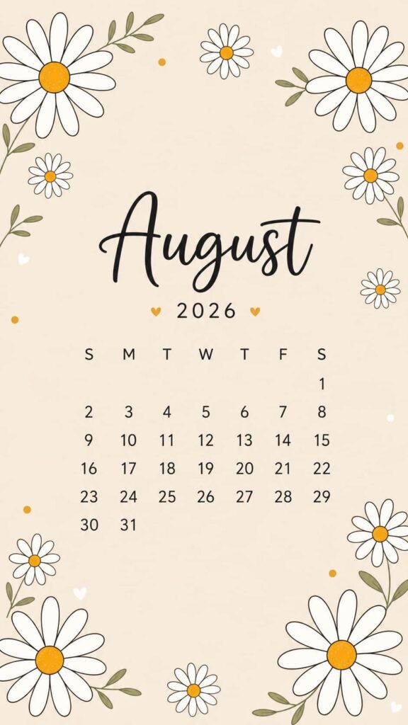 Daisy Floral August 2026 Calendar Phone Wallpaper