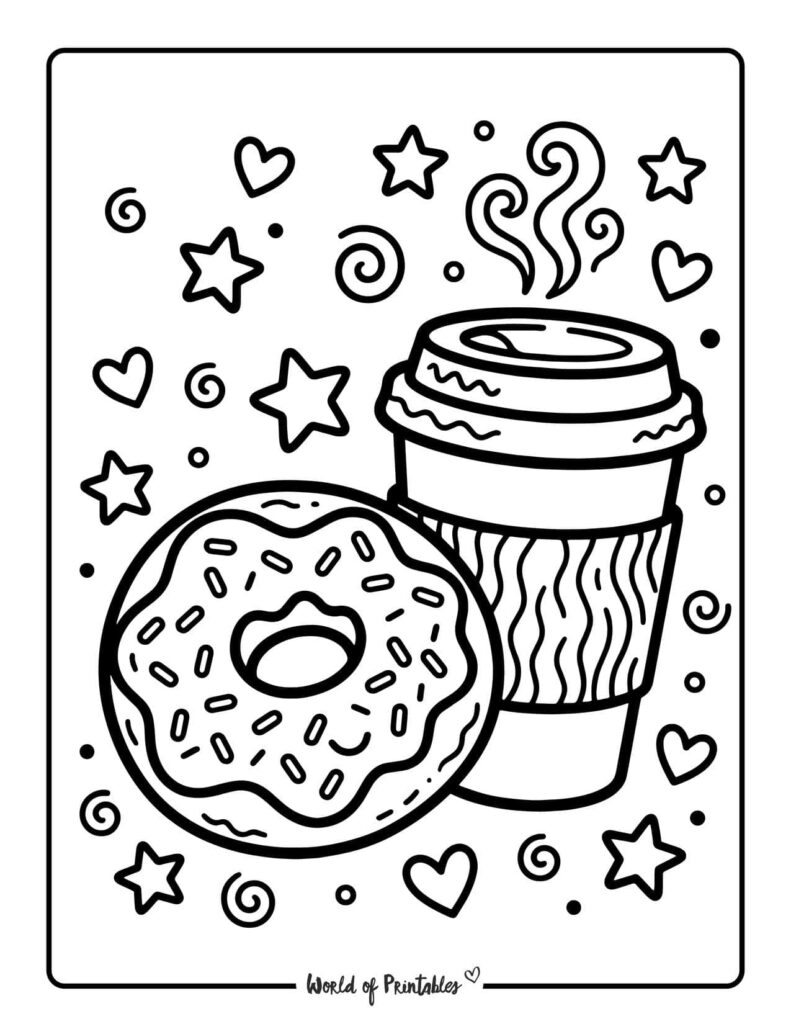 Donut And Coffee Coloring Page