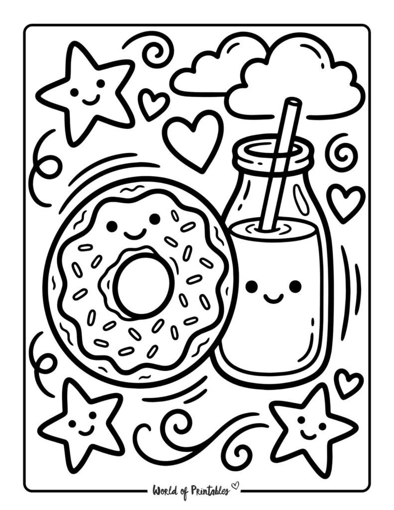 Donut And Milk Coloring Page