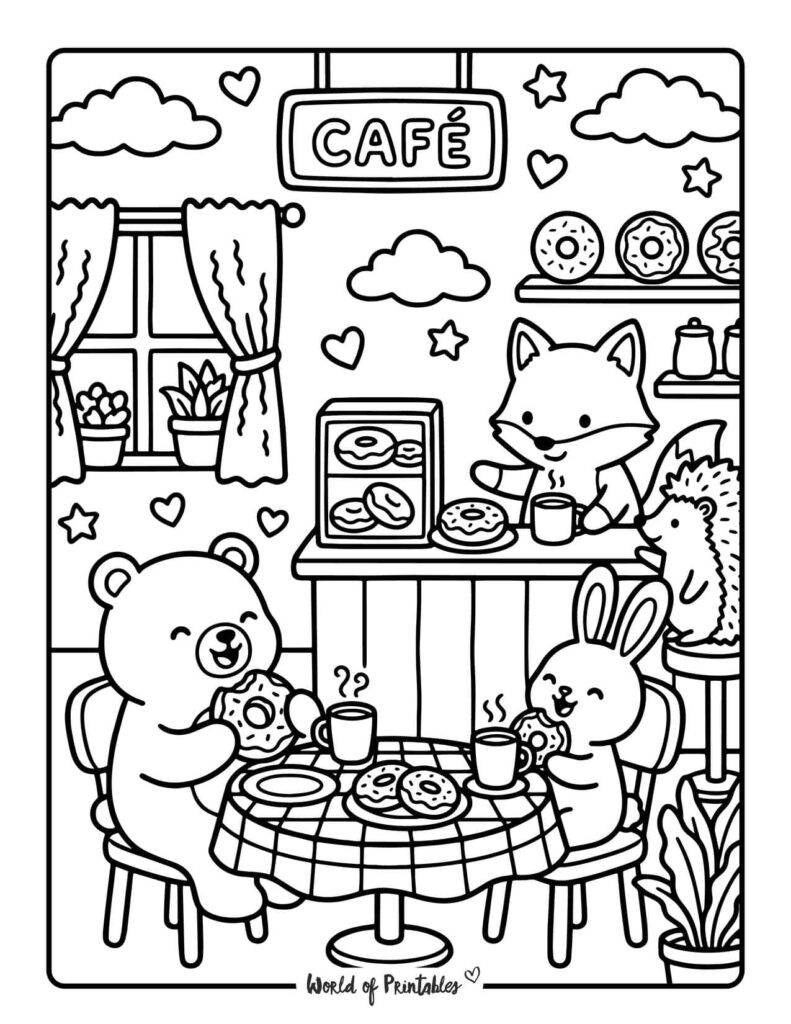 Donut Cafe Animals Coloring Page