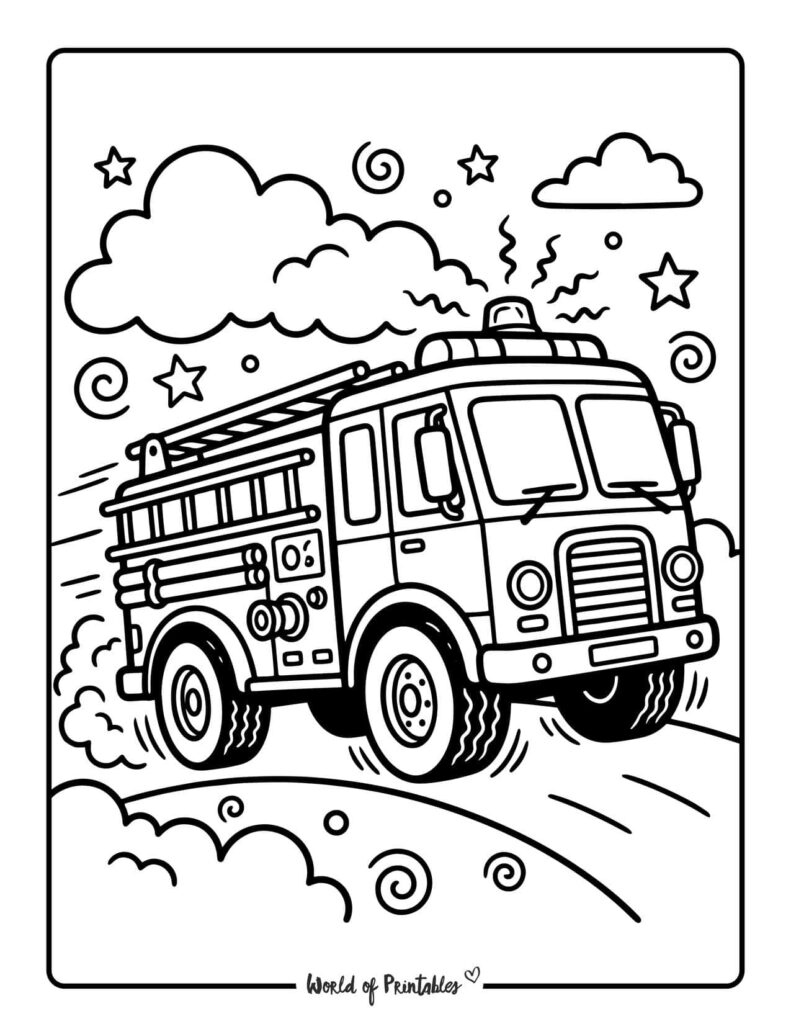 Fire Engine Driving Fast Coloring Page