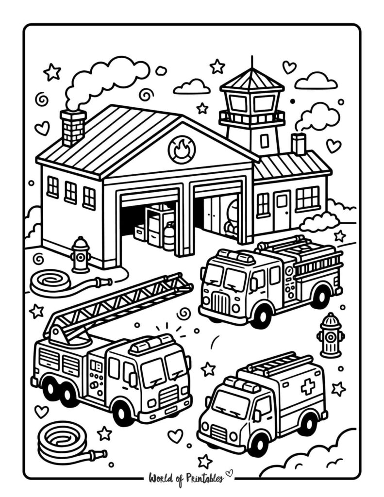 Fire Station Trucks Coloring Page